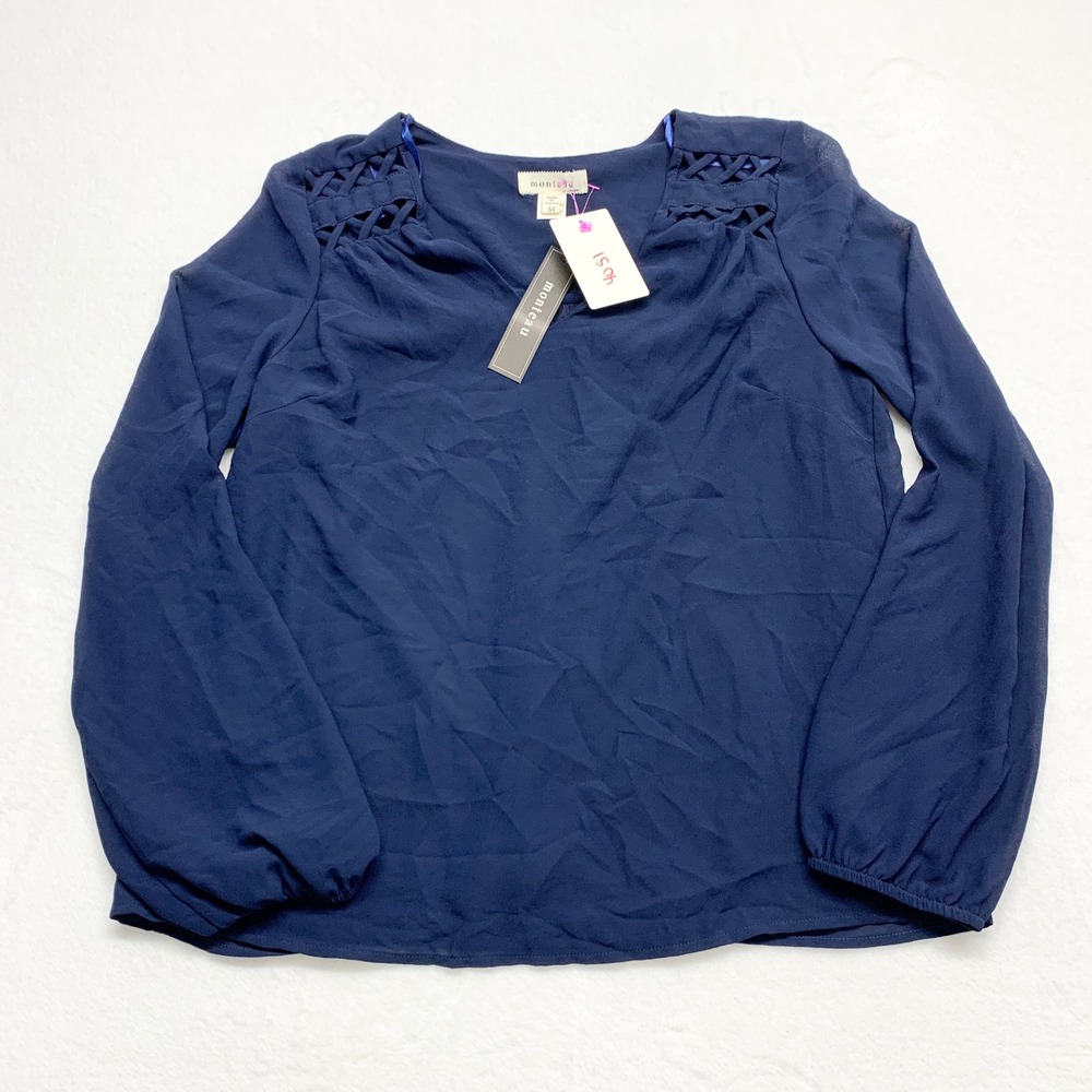 Monteau Lattice Shoulder Chiffon Blouse Womens Size M Navy Blue Long Sleeve Top